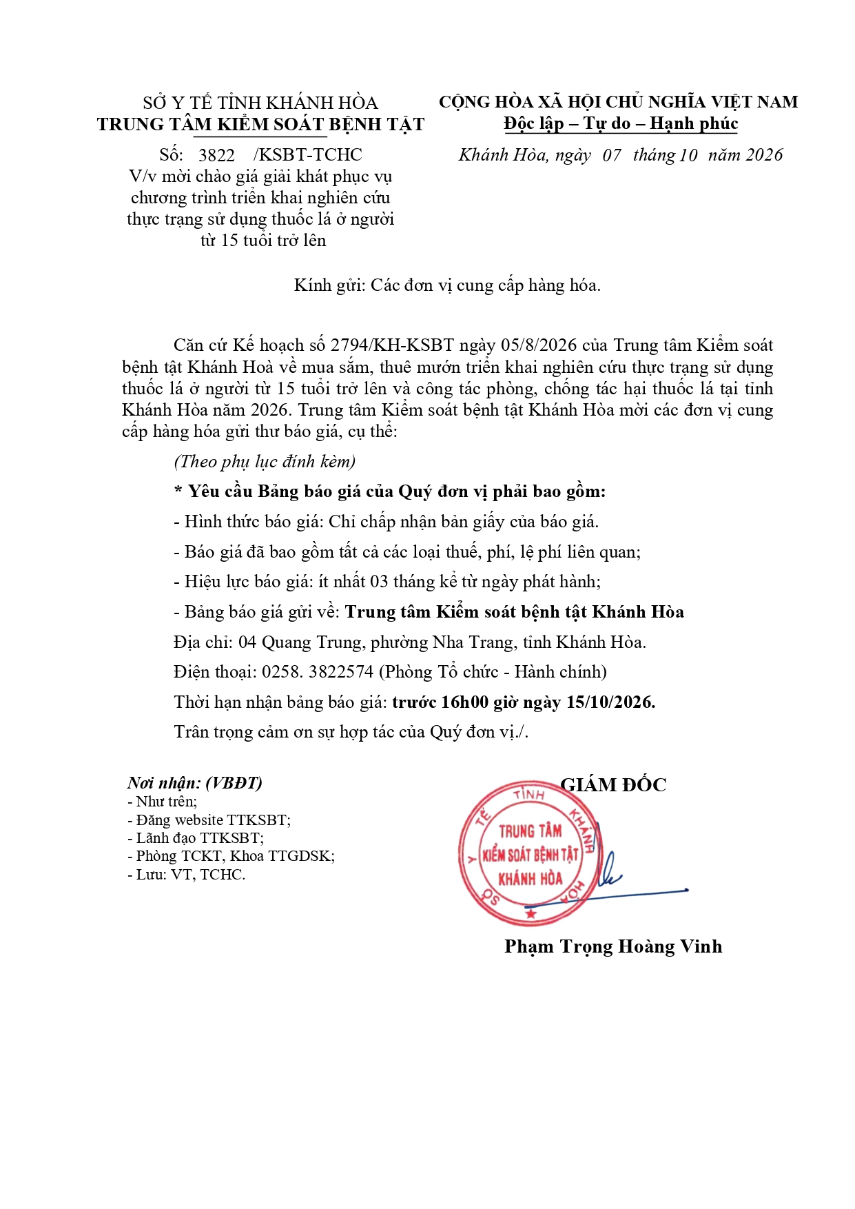 V/v mời chào giá giải khát phục vụ chương trình triển khai nghiên cứu thực trạng sử dụng thuốc lá ở người từ 15 tuổi trở lên